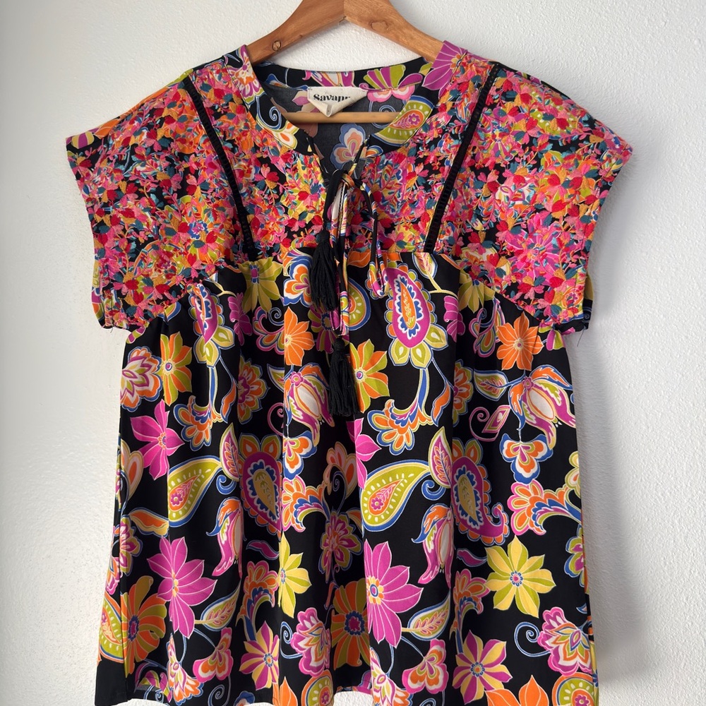 Savanna Jane Floral Embroidered Ruffle Peasant Top Small Boho Casual